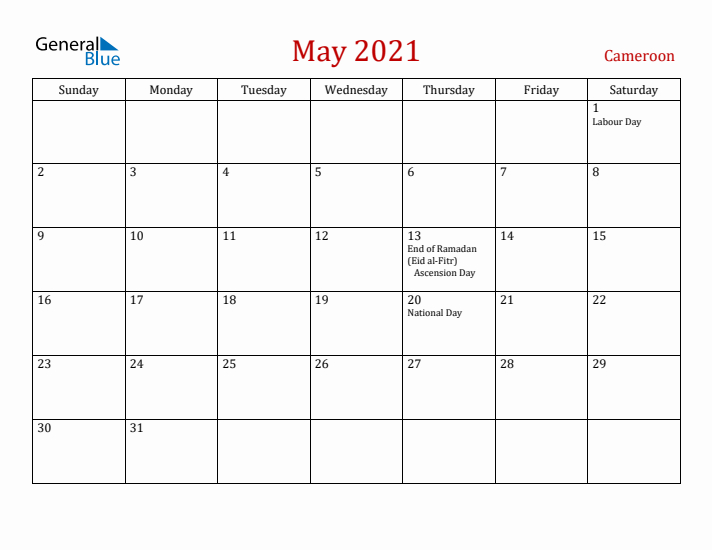Cameroon May 2021 Calendar - Sunday Start