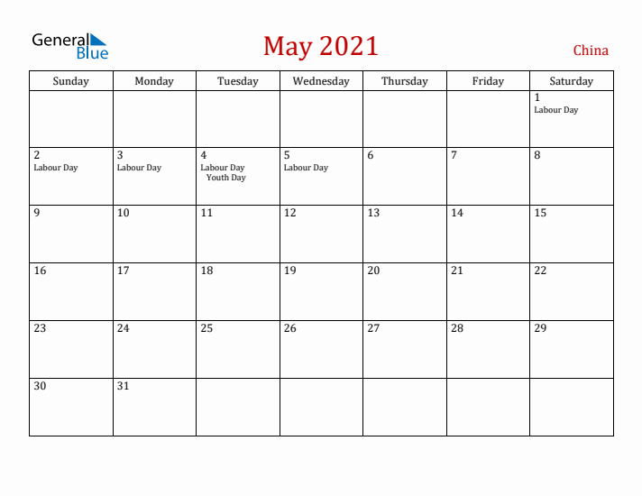 China May 2021 Calendar - Sunday Start