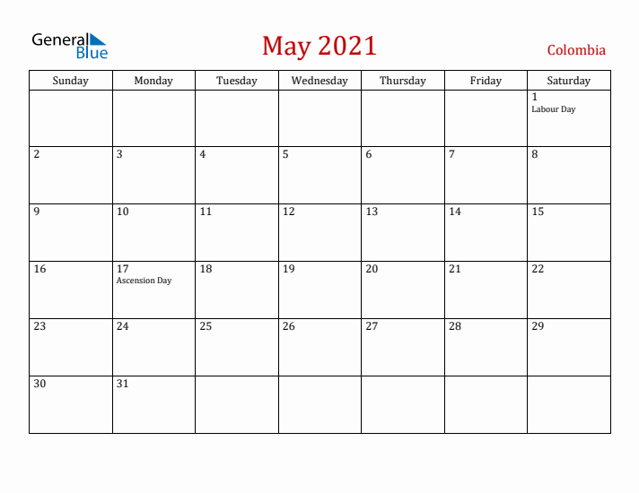 Colombia May 2021 Calendar - Sunday Start