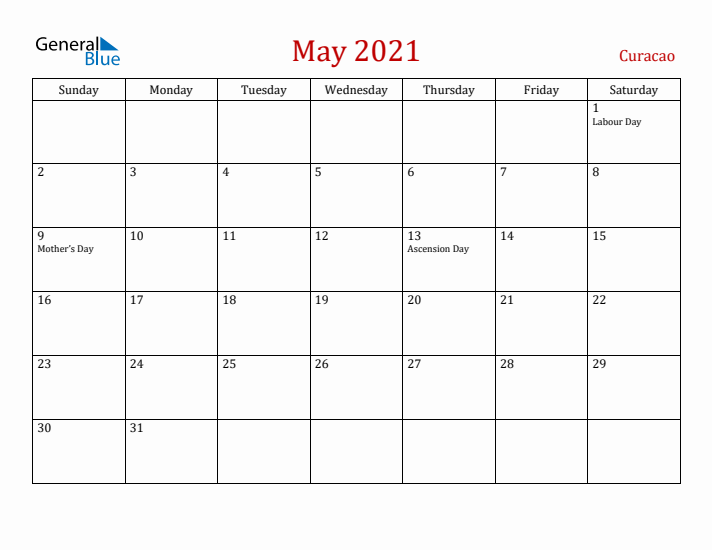 Curacao May 2021 Calendar - Sunday Start
