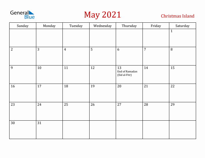 Christmas Island May 2021 Calendar - Sunday Start