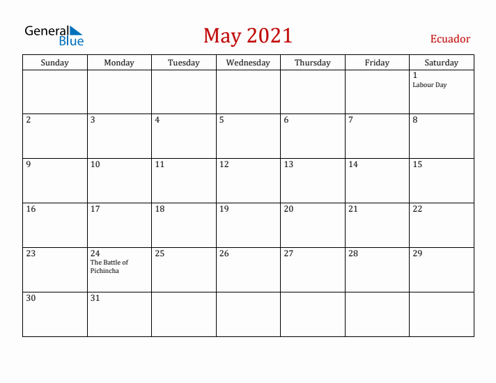 Ecuador May 2021 Calendar - Sunday Start