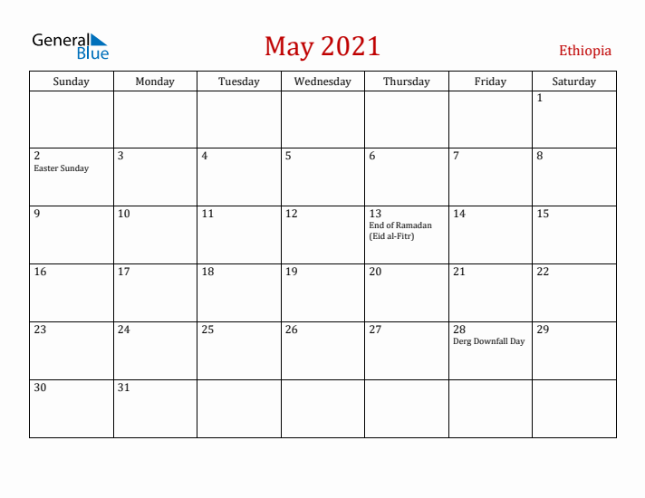 Ethiopia May 2021 Calendar - Sunday Start