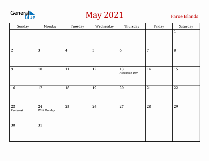 Faroe Islands May 2021 Calendar - Sunday Start