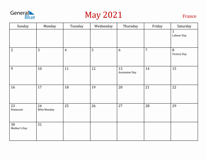 France May 2021 Calendar - Sunday Start