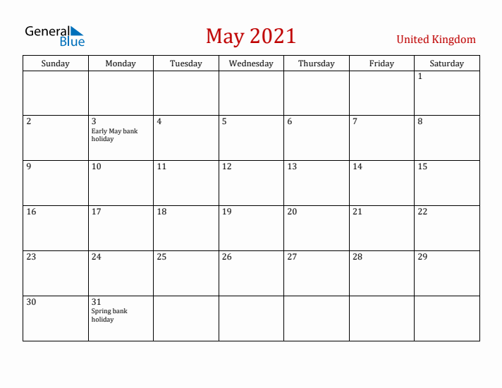 United Kingdom May 2021 Calendar - Sunday Start