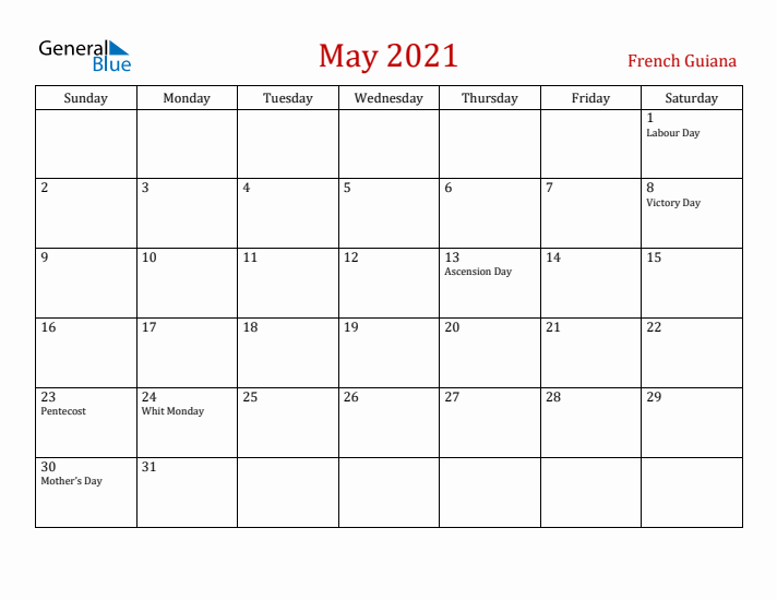 French Guiana May 2021 Calendar - Sunday Start
