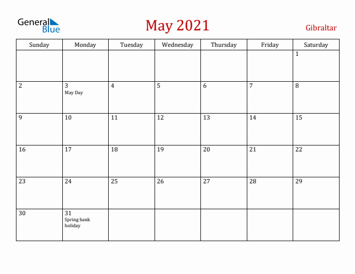 Gibraltar May 2021 Calendar - Sunday Start