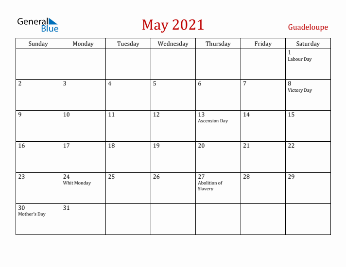 Guadeloupe May 2021 Calendar - Sunday Start