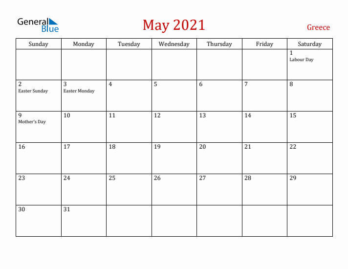 Greece May 2021 Calendar - Sunday Start