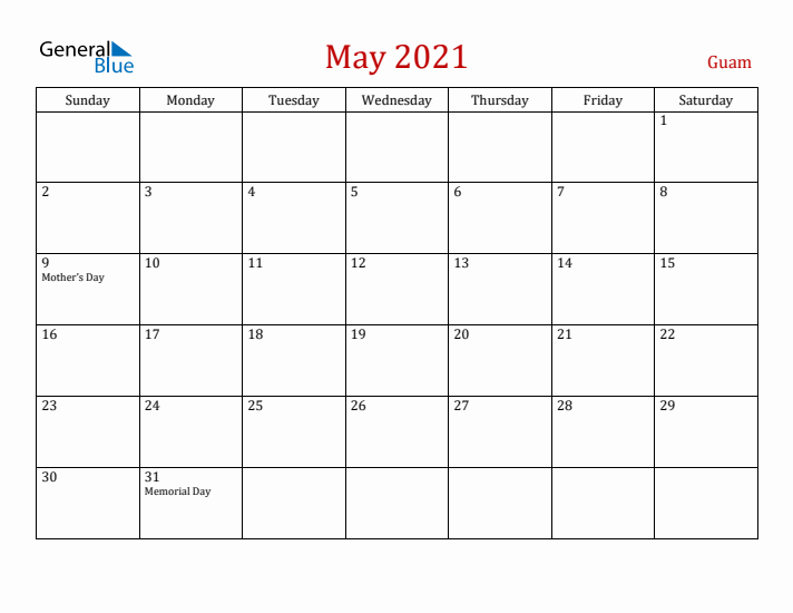 Guam May 2021 Calendar - Sunday Start