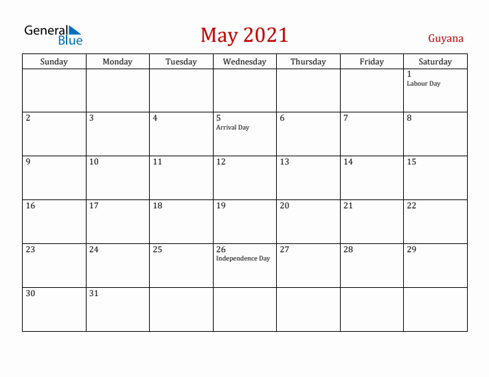 Guyana May 2021 Calendar - Sunday Start
