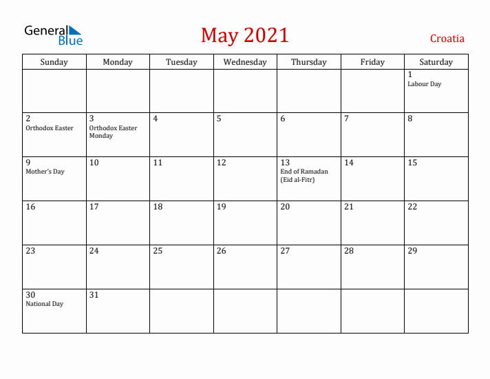 Croatia May 2021 Calendar - Sunday Start