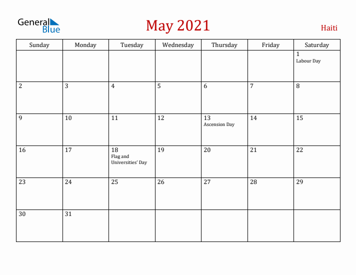 Haiti May 2021 Calendar - Sunday Start