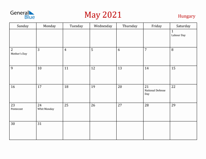 Hungary May 2021 Calendar - Sunday Start