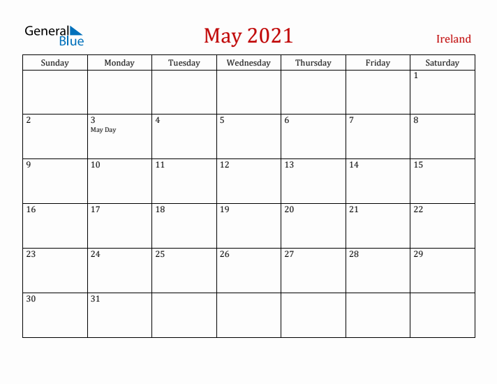 Ireland May 2021 Calendar - Sunday Start
