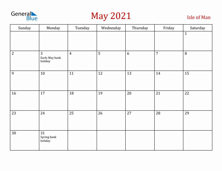 Isle of Man May 2021 Calendar - Sunday Start