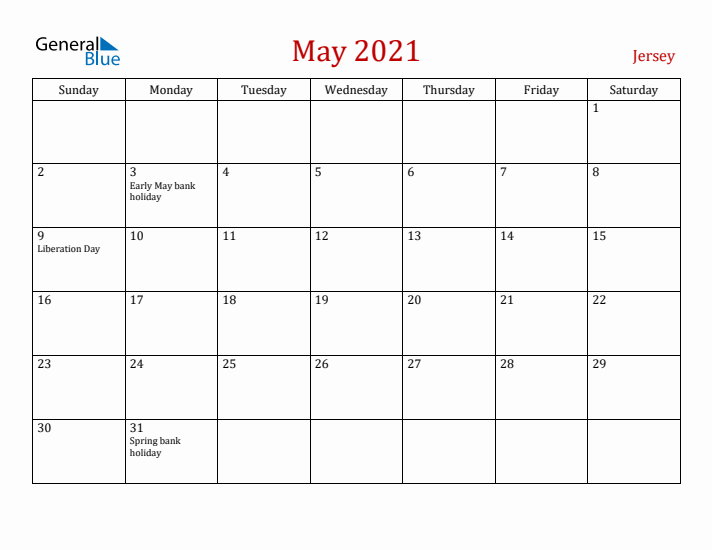 Jersey May 2021 Calendar - Sunday Start