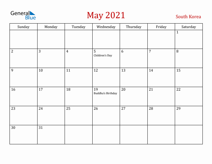 South Korea May 2021 Calendar - Sunday Start