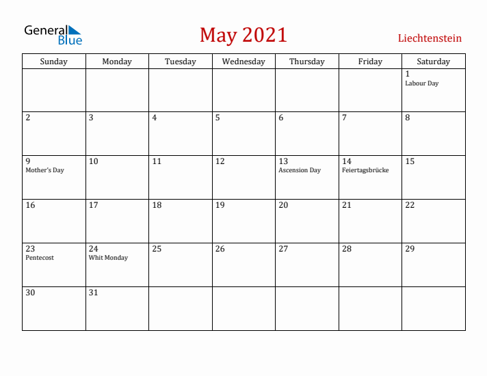 Liechtenstein May 2021 Calendar - Sunday Start