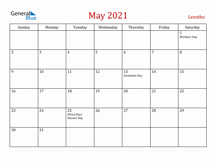 Lesotho May 2021 Calendar - Sunday Start