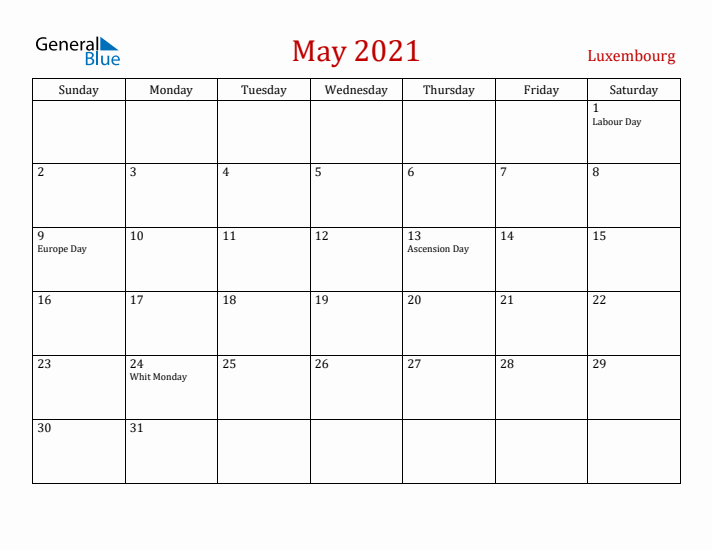 Luxembourg May 2021 Calendar - Sunday Start