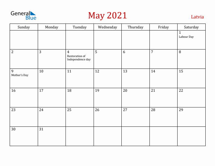 Latvia May 2021 Calendar - Sunday Start