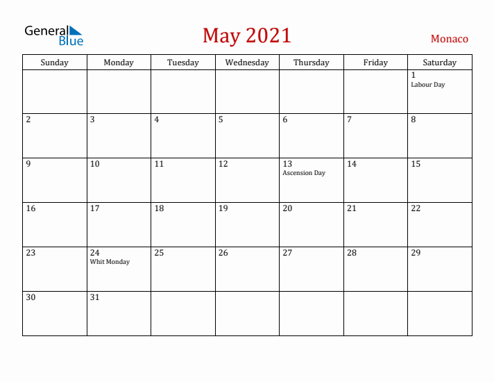 Monaco May 2021 Calendar - Sunday Start