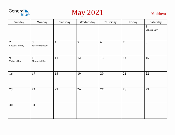 Moldova May 2021 Calendar - Sunday Start