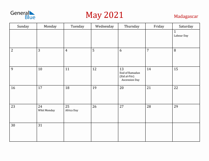 Madagascar May 2021 Calendar - Sunday Start