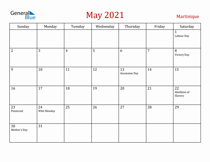 Martinique May 2021 Calendar - Sunday Start