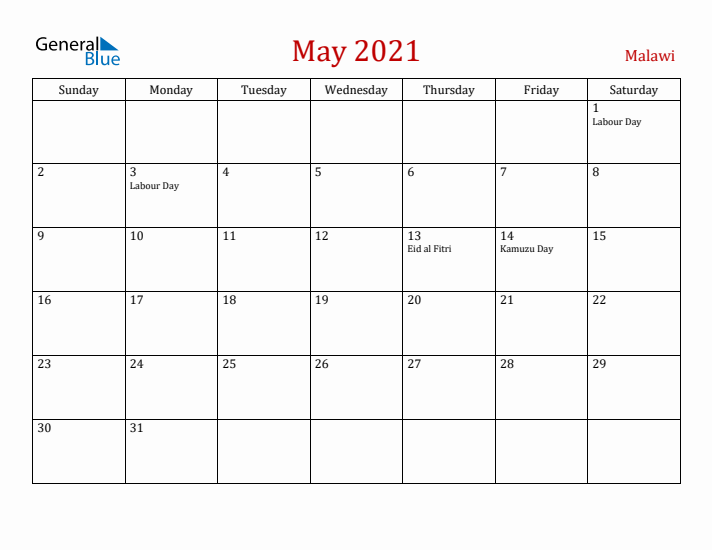 Malawi May 2021 Calendar - Sunday Start