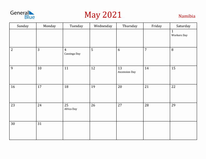 Namibia May 2021 Calendar - Sunday Start