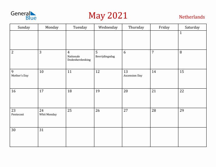 The Netherlands May 2021 Calendar - Sunday Start