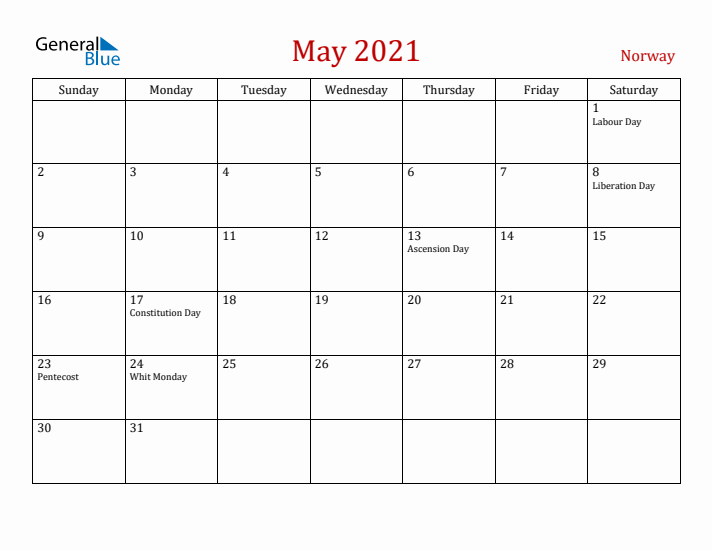 Norway May 2021 Calendar - Sunday Start