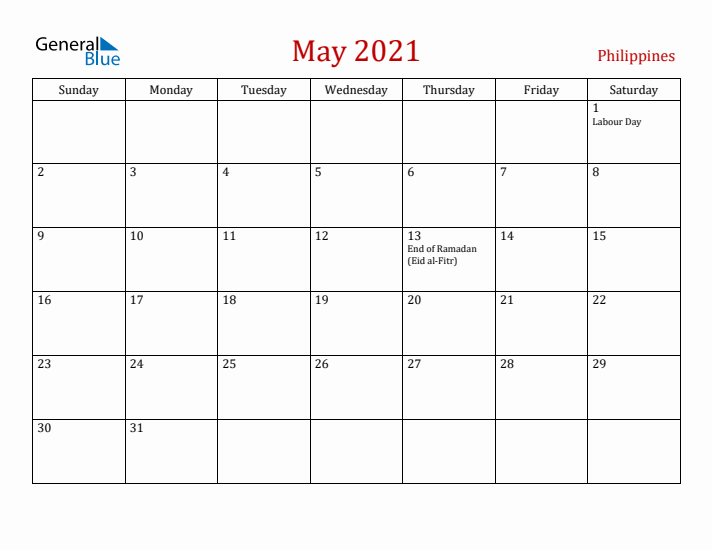 Philippines May 2021 Calendar - Sunday Start