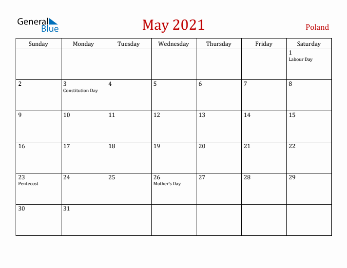 Poland May 2021 Calendar - Sunday Start