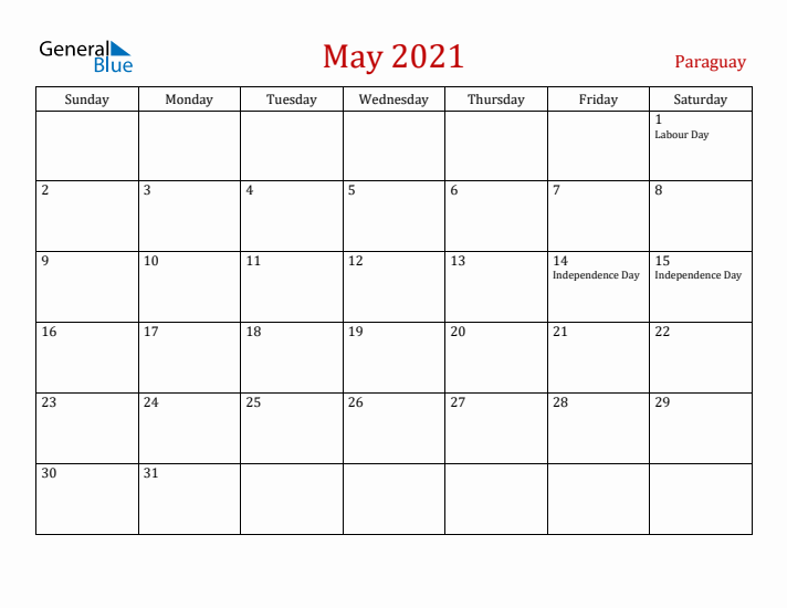 Paraguay May 2021 Calendar - Sunday Start
