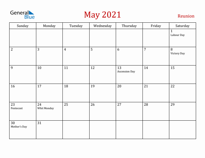 Reunion May 2021 Calendar - Sunday Start
