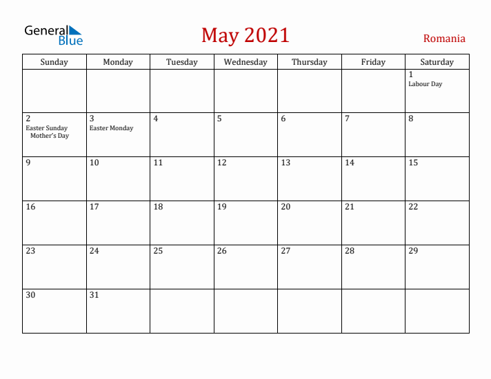 Romania May 2021 Calendar - Sunday Start
