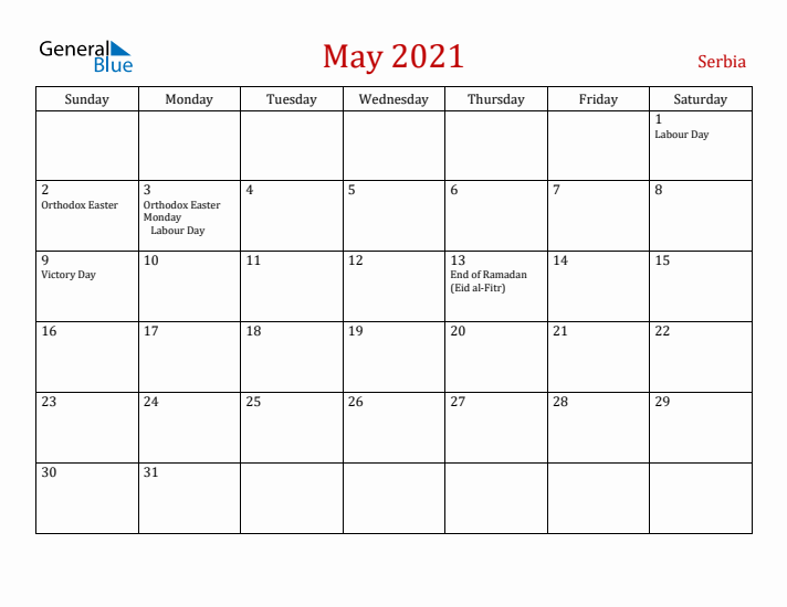 Serbia May 2021 Calendar - Sunday Start