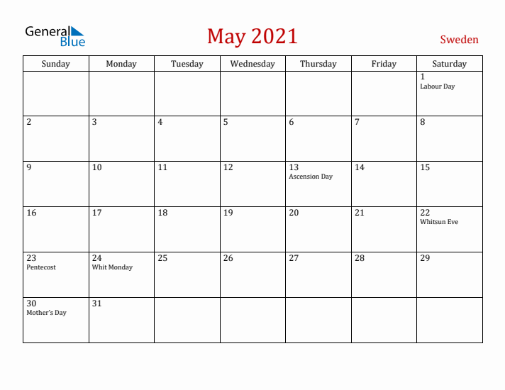 Sweden May 2021 Calendar - Sunday Start