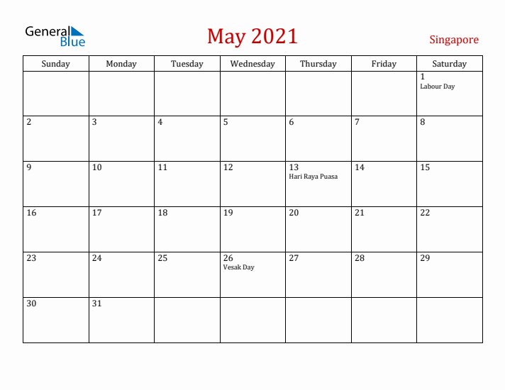 Singapore May 2021 Calendar - Sunday Start