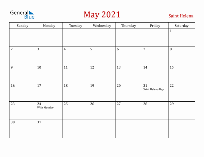 Saint Helena May 2021 Calendar - Sunday Start