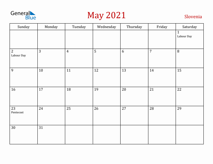 Slovenia May 2021 Calendar - Sunday Start
