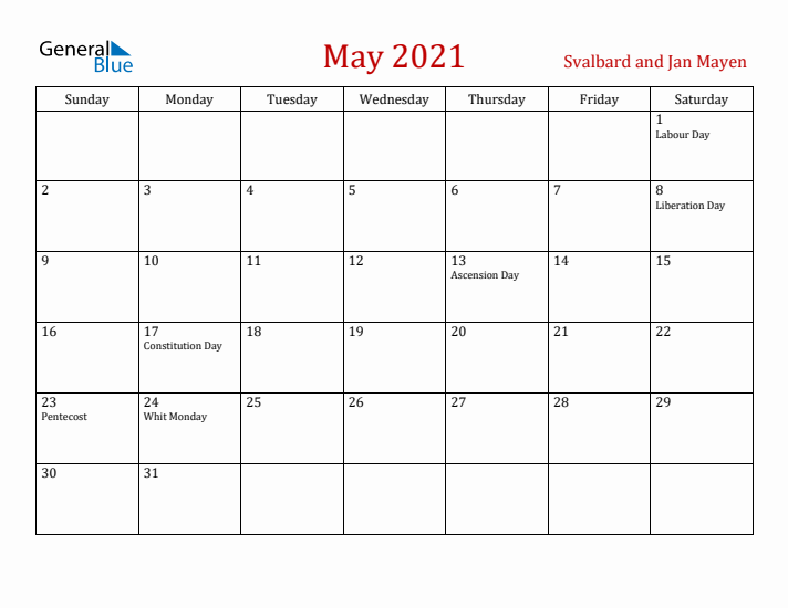Svalbard and Jan Mayen May 2021 Calendar - Sunday Start
