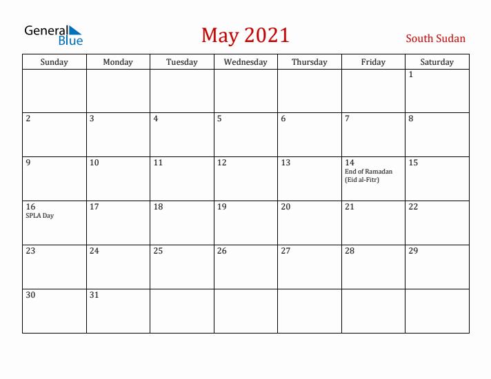 South Sudan May 2021 Calendar - Sunday Start