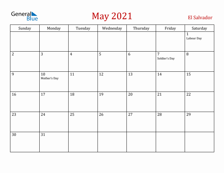 El Salvador May 2021 Calendar - Sunday Start