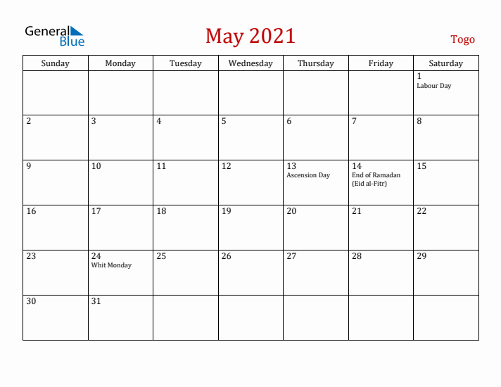 Togo May 2021 Calendar - Sunday Start