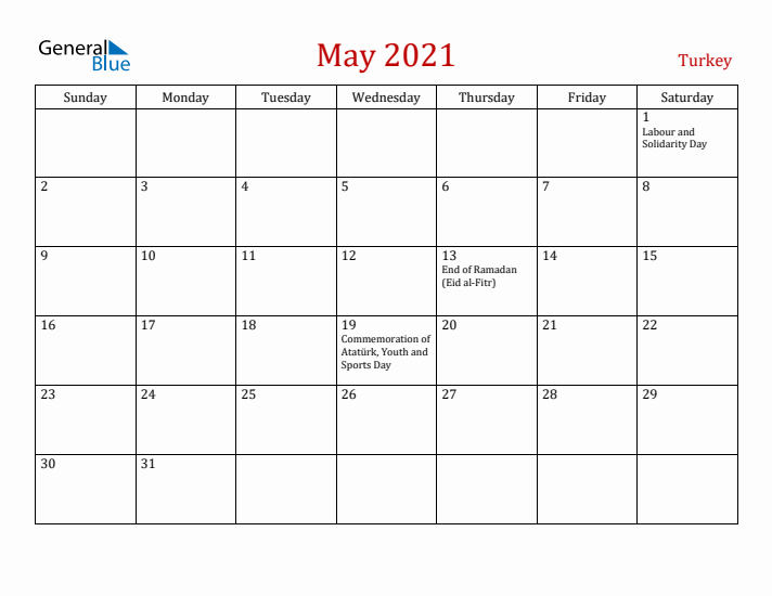 Turkey May 2021 Calendar - Sunday Start